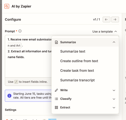 The Use a template dropdown showing the Summarize, Write, Classify, and Extract categories, with Summarize expanded