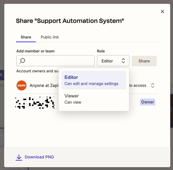 the Share dialog box open showing the roles available