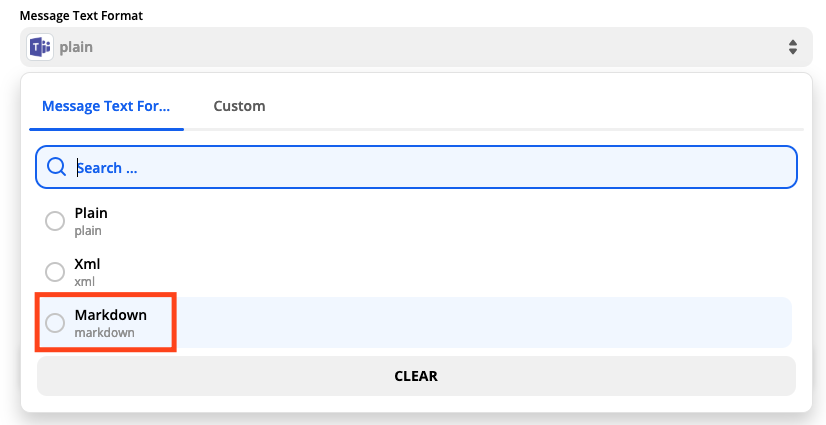 A screenshot of message format options for Microsoft Teams in the Zap Editor. Markdown is selected.