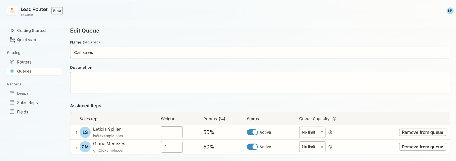 Edit Queue page showing assigned reps with Weight, Priority, Status, and Queue Capacity columns