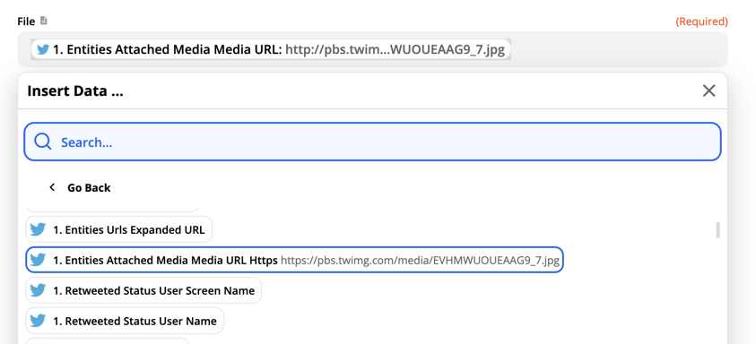 Selecting attached media from Twitter in Zapier