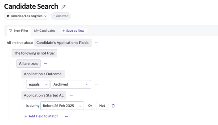 The example here filters for any applications that haven’t been archived and that weren’t created or started before February 26, 2025. As such, only active candidates with applications submitted after this date will be shown in the results. The example here filters for any applications that haven’t been archived and that weren’t created or started before February 26, 2025. As such, only active candidates with applications submitted after this date will be shown in the results.