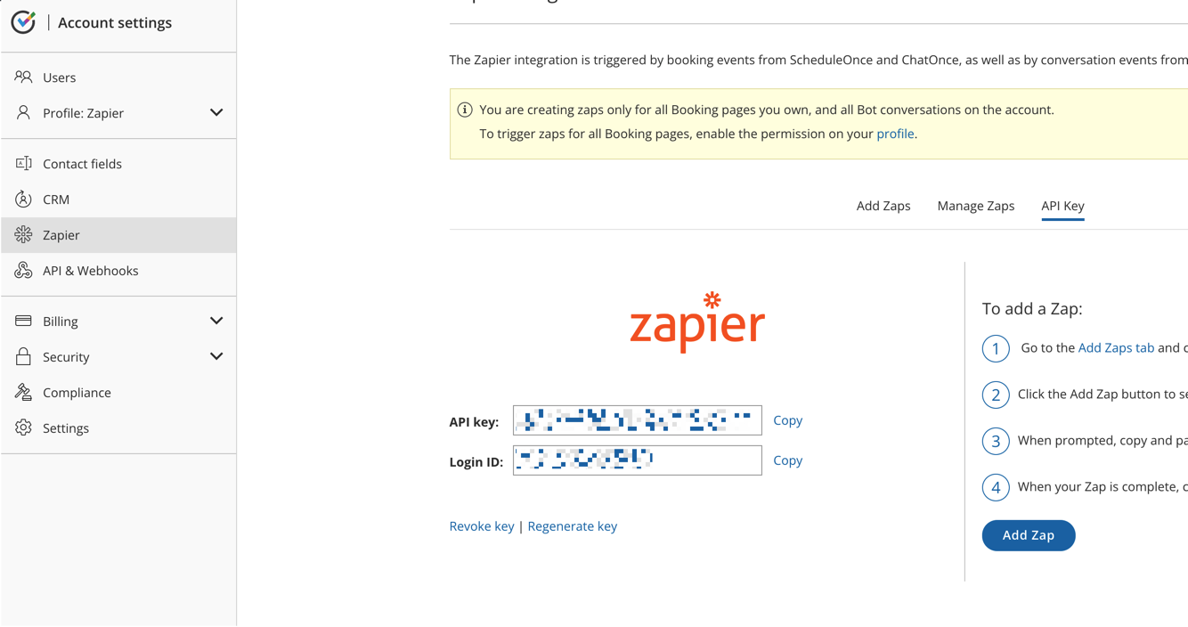 API key displayed in OnceHub