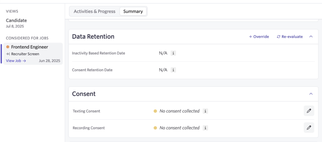 Screenshot of the candidate summary section showing the Recording Consent status and the edit icon.