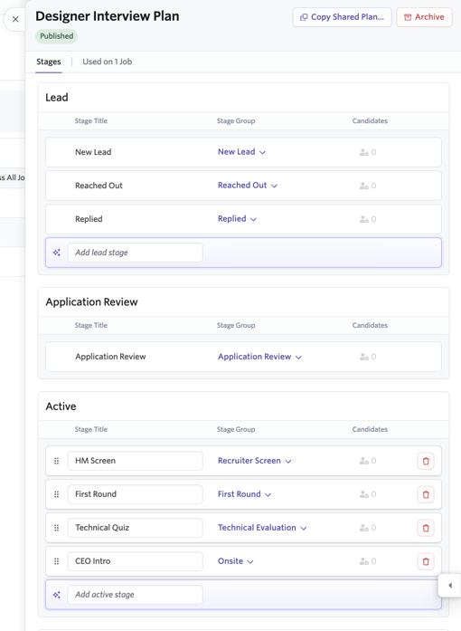 Shows the Interview Plan for a Designer role with the Lead, Application Review, and Active sections visible.