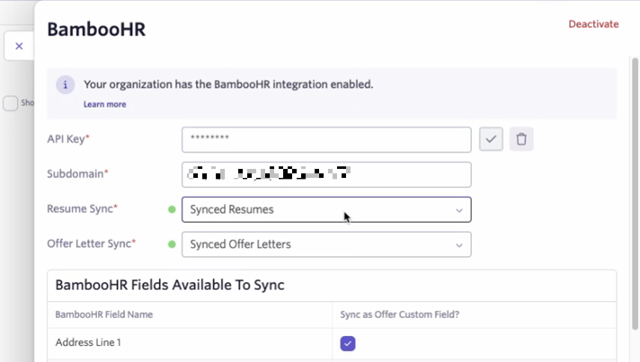 Shows the Bamboohr setup page in Ashby