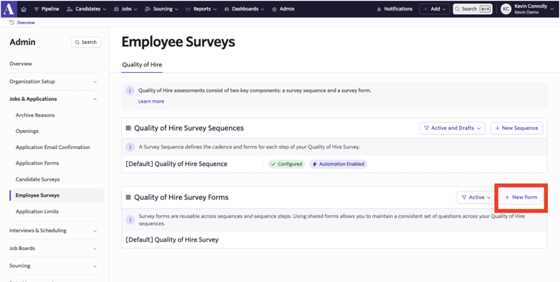 Screenshot of the Employee Surveys page with the + New Form button highlighted Screenshot of the Employee Surveys page with the + New Form button highlighted