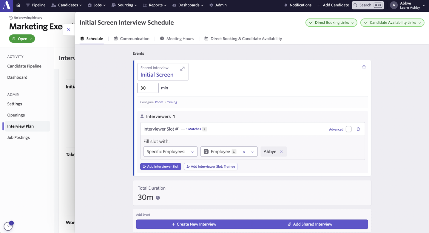 Scheduling prompt on a candidate profile Scheduling prompt on a candidate profile