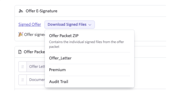 Shows the download signed files menu with available options Shows the download signed files menu with available options