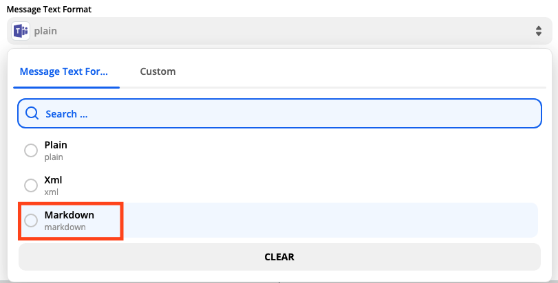 A screenshot of selecting the message text format in the Zap Editor.