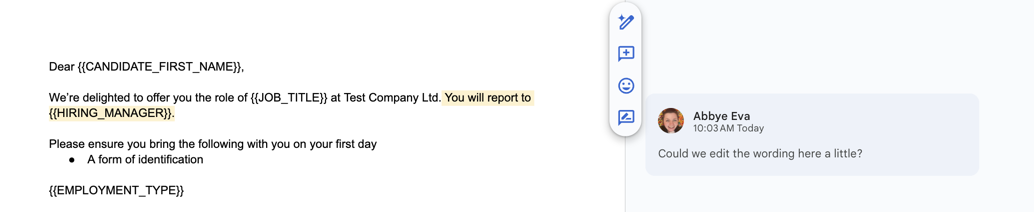 Screenshot of an offer letter template document showing unresolved comments in the comments panel