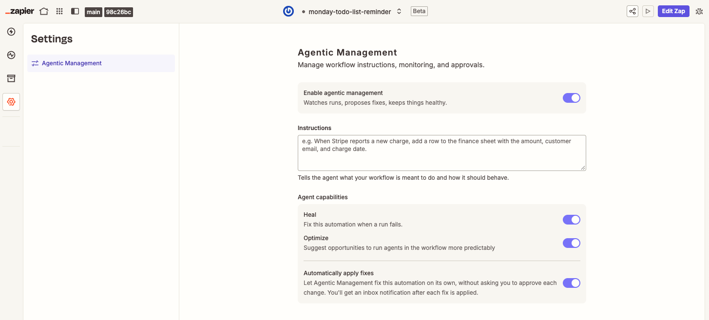 The Agent behavior settings, showing the Agentic Management toggle, an instructions field, and the Heal, Optimize, and Automatically apply fixes toggles