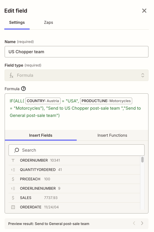 The formula field sidebar showing Insert Fields and Insert Functions tabs below the Formula text field