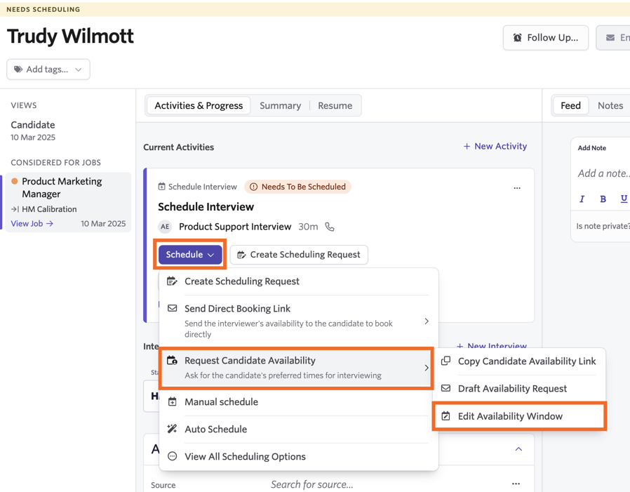 Screenshot of the candidate availability window showing Rolling Days option selected Screenshot of the candidate availability window showing Rolling Days option selected