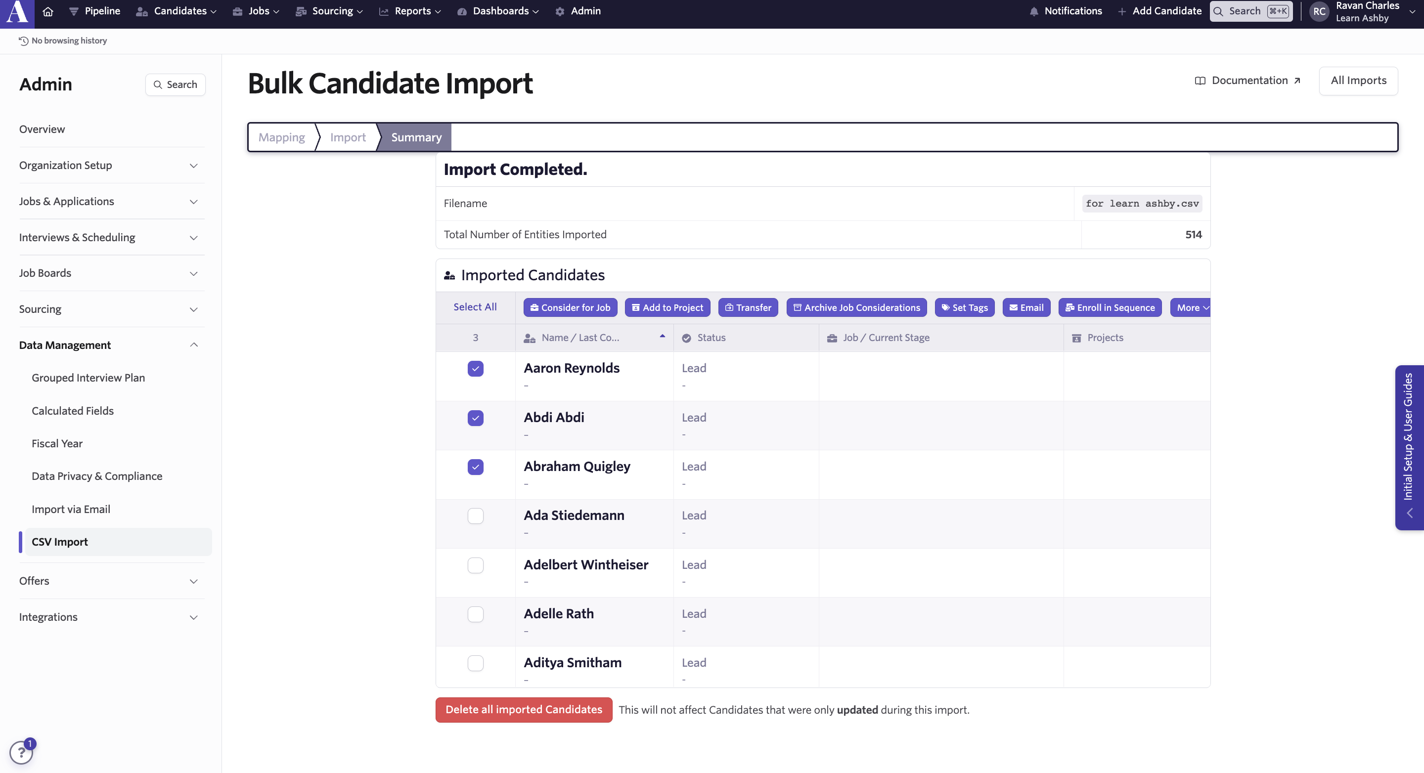 An example summary page for a candidate import. An example summary page for a candidate import.