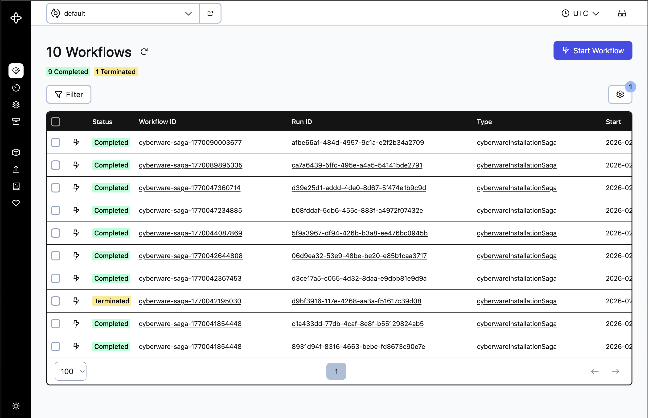 A listing of workflows in various states in temporal’s UI