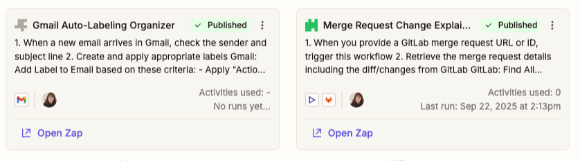 The My agents page showing an agent card with a Published badge, Activities used count, last run timestamp, and an Open Zap link