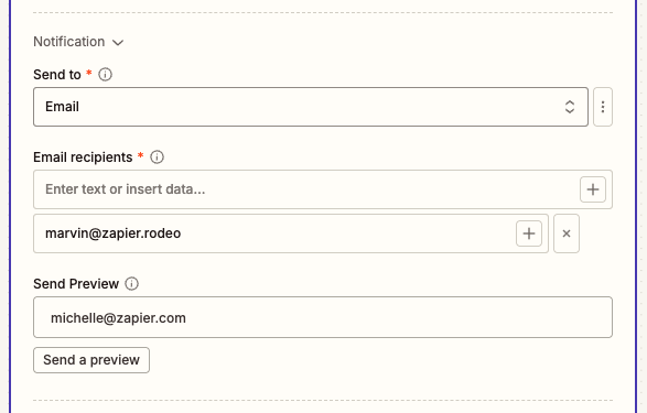 Email notification fields displayed in the Collect Data action