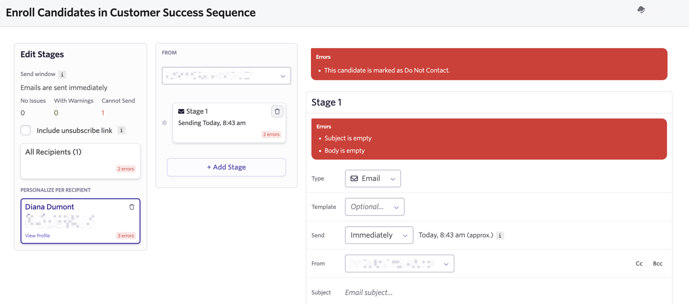 Screenshot of the candidate profile showing the More menu open with the Allow Contact option