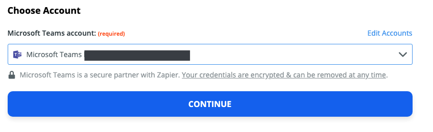 A screenshot of selecting a Microsoft Teams account in the Zap Editor.