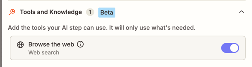 Browse the web toggle in the Tools and Knowledge section