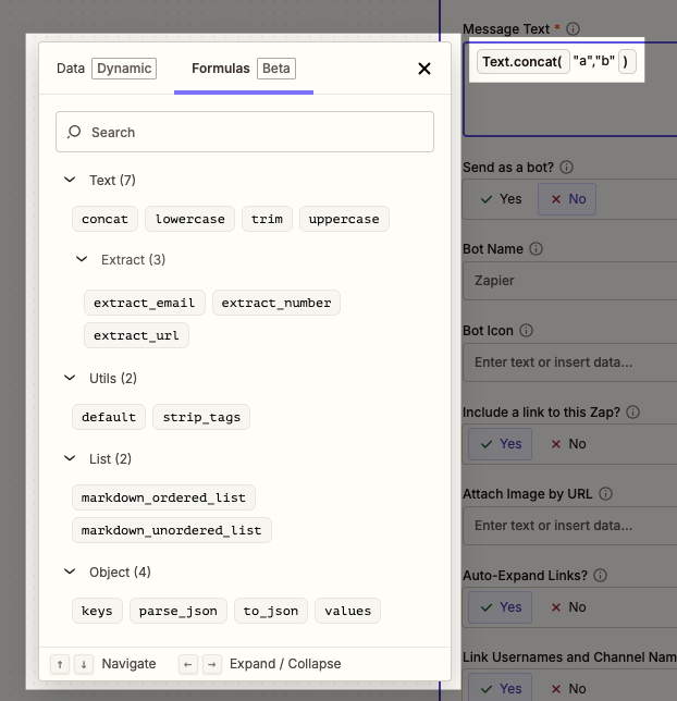 View of the dropdown menu displaying in-line formula options on the left and the Message Text field on the right with the Text.concat formula selected.