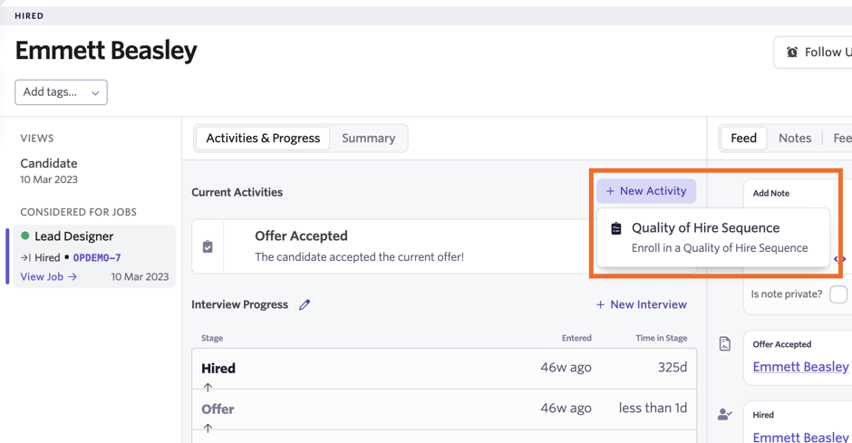 Screenshot showing the + New Activity button on a hired candidate profile Screenshot showing the + New Activity button on a hired candidate profile