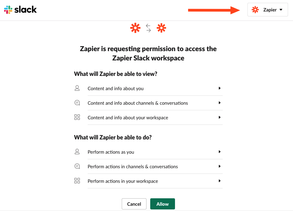 A screenshot of the permissions pop-up. Zapier is requesting permission to access a Slack workspace. An arrow highlights the workspace picker in the top-right corner.