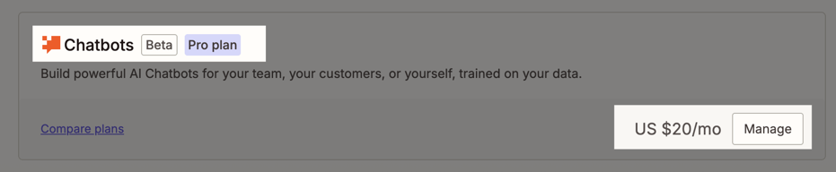Billing page showing the Manage button for an add-on