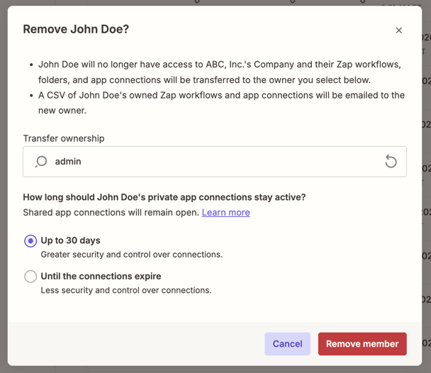 Remove user dialog box displaying private app connection expiration options