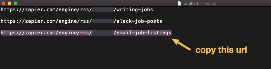 A screenshot of the TextEdit program with several links pasted. An arrow points to a URL directing users to copy the RSS feed URL.
