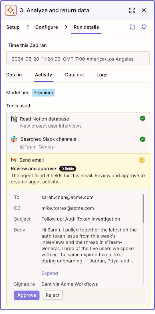 Review and confirm prompt showing tool fields awaiting approval