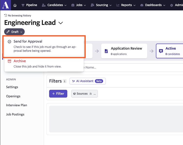 Screenshot of a job with the Draft dropdown open showing the Send for Approval option. Screenshot of a job with the Draft dropdown open showing the Send for Approval option.