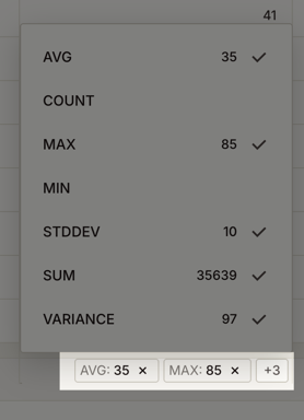 The summary formula menu showing available formulas and the summary area displaying results below a number field