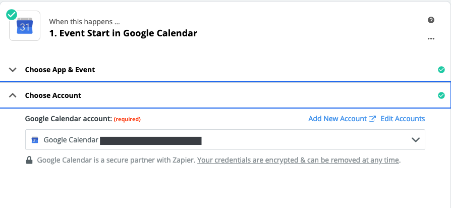 A screenshot of the Zap Editor with a specific Google account selected.