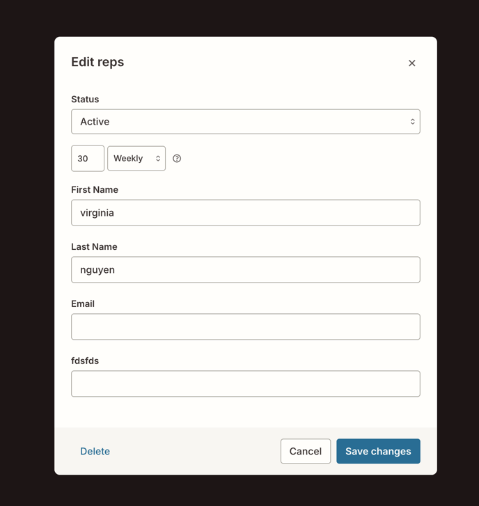 Edit reps dialog with a capacity of 30 leads Weekly set, and the Save changes button active