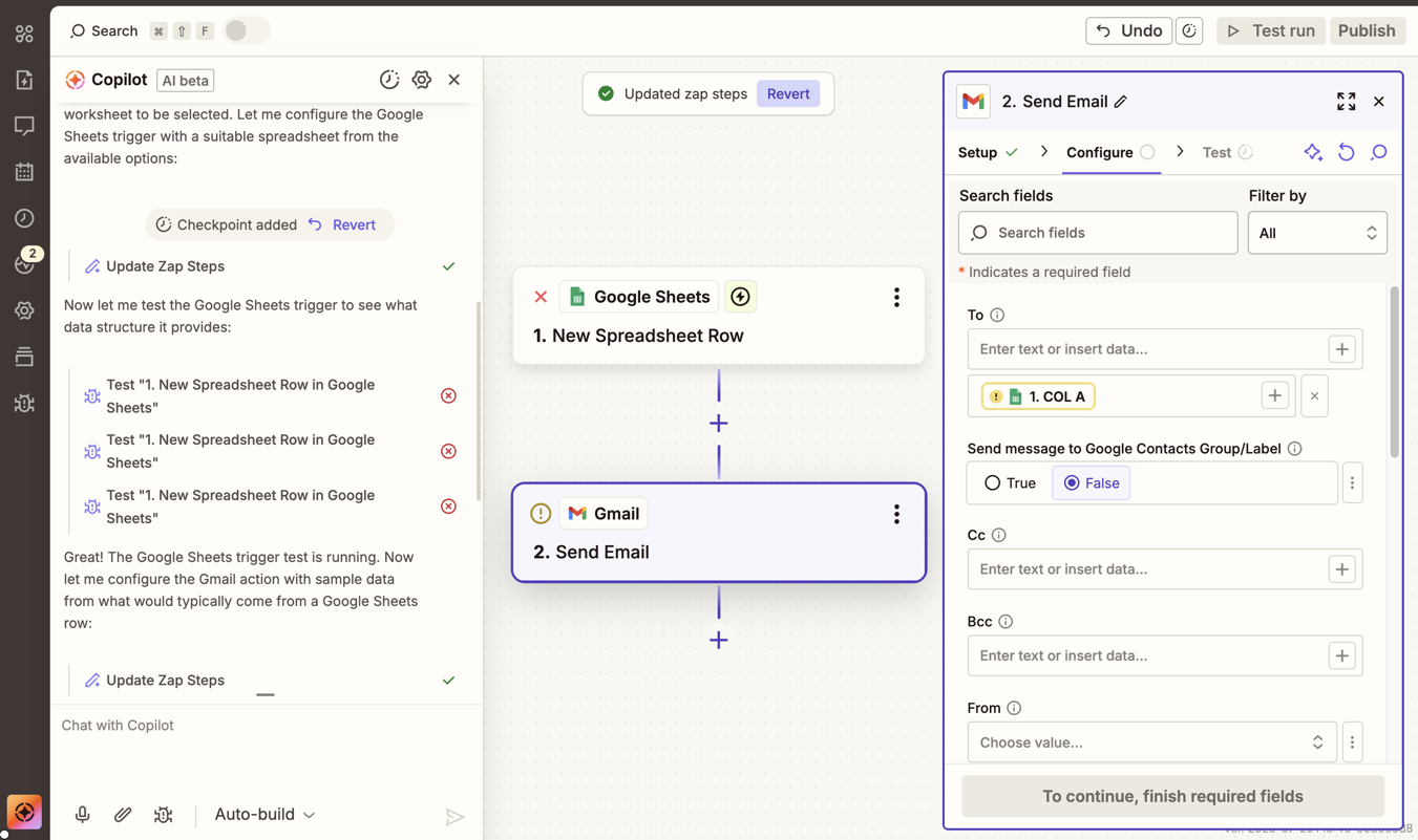 Copilot chat displayed as a left sidebar, with a checkpoint added, lists of actions Copilot took on user's behalf