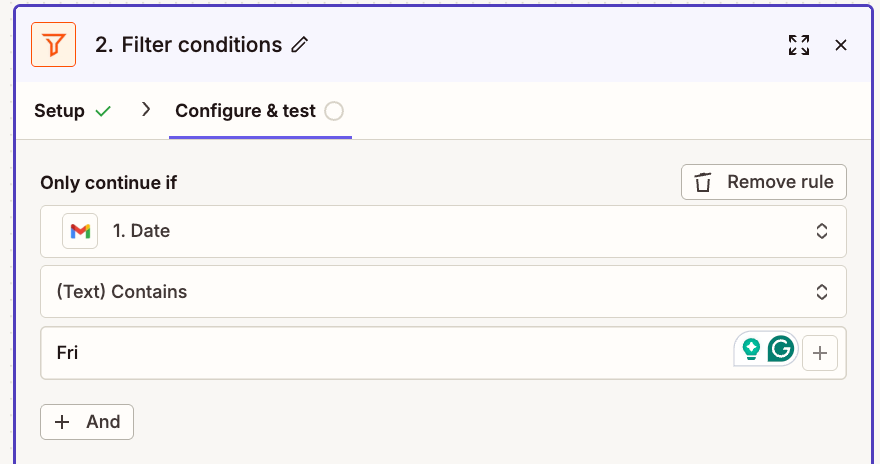 Filter example showing contains Friday condition for Gmail date field