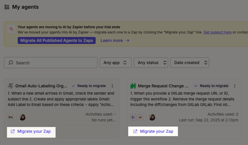 The My agents page showing three agent cards, each with a Ready to migrate badge and a Migrate your Zap link at the bottom.