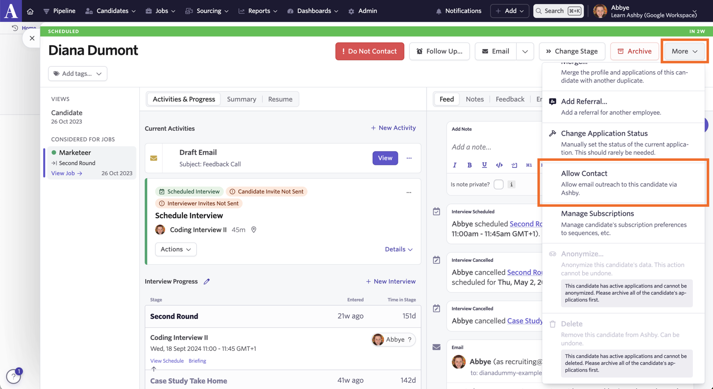 Screenshot of a candidate profile after selecting Allow Contact, showing the restored contact status