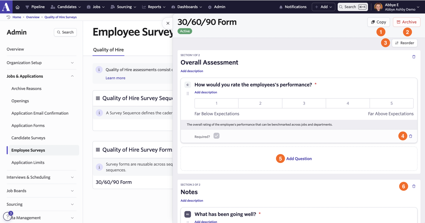 Screenshot of the survey form editor showing the numbered action buttons Screenshot of the survey form editor showing the numbered action buttons
