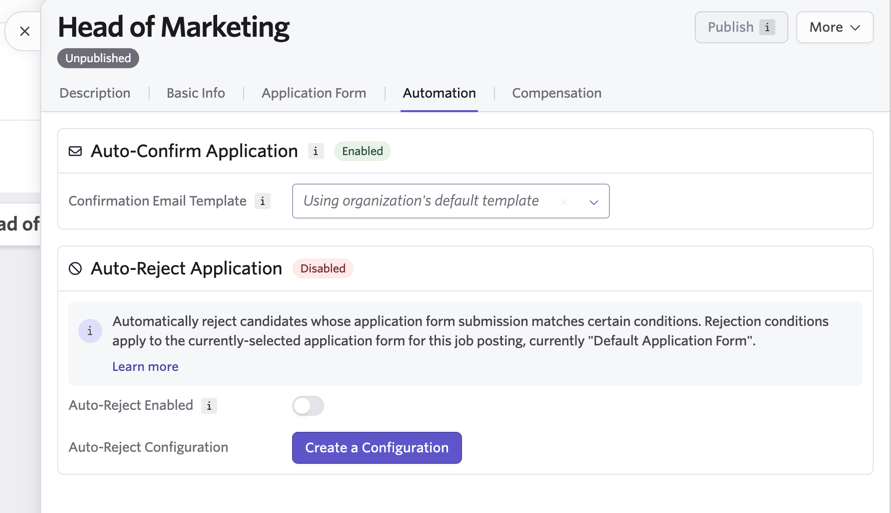 Shows the automation tab of a job.