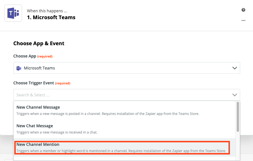 A screenshot of selecting the trigger event in the Zap Editor.