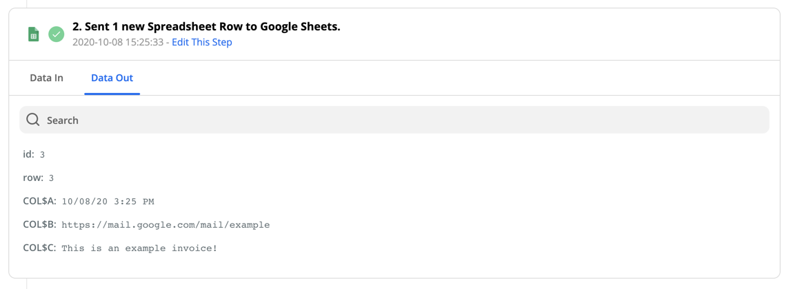 Example of the Data Out tab for a Create Spreadsheet Row action, showing the data returned from Google Sheets