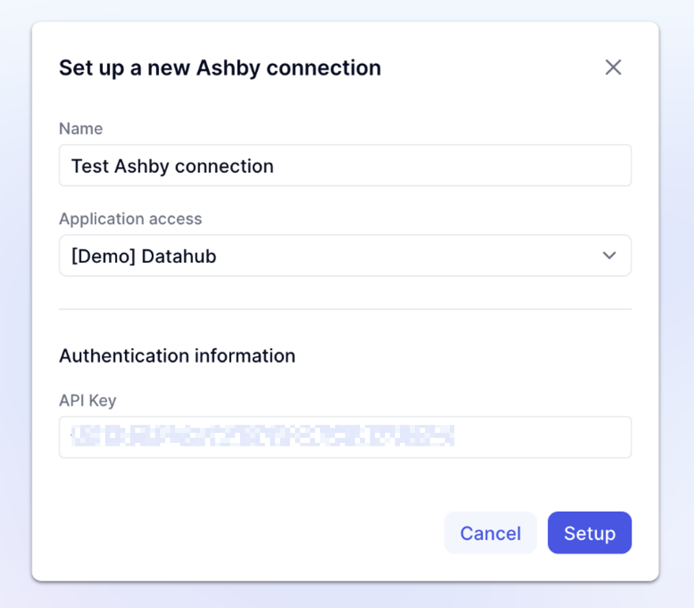 Shows the screen to set up a new connection to Ashby in Pigment