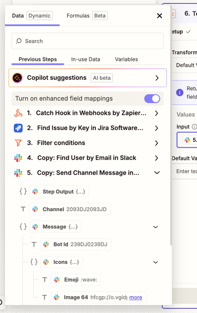 Field mapping dropdown menu showing enhanced field mapping with collapsible data structure and field type icons