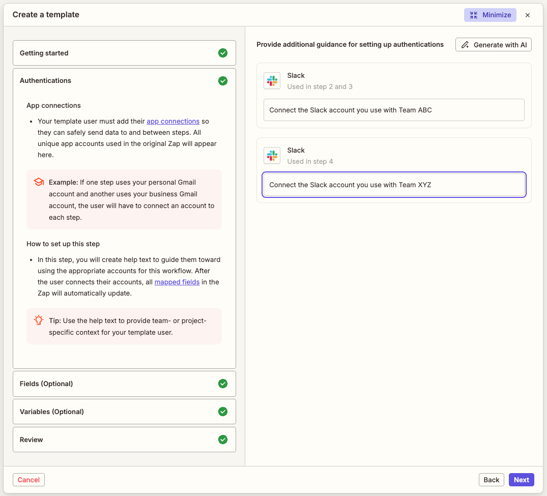 View of the guided template wizard open to the App connections section. The left panel displays help information and an outline of the sections in the wizard. The right panel displays all unique app connections used in the Zap with help text entered. In the top right corner is a Generate with AI button. In the bottom right corner is a Next button.