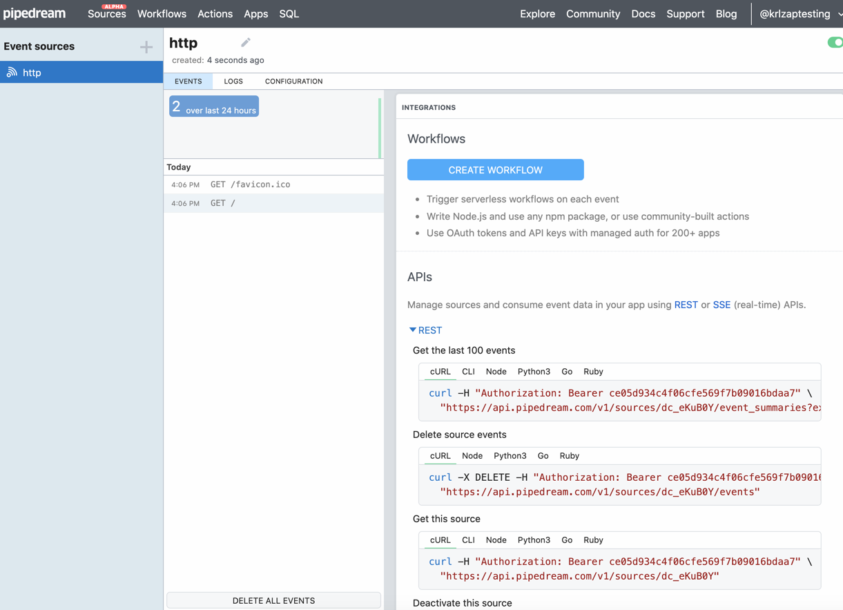 Click REST under INTEGRATIONS to see the data