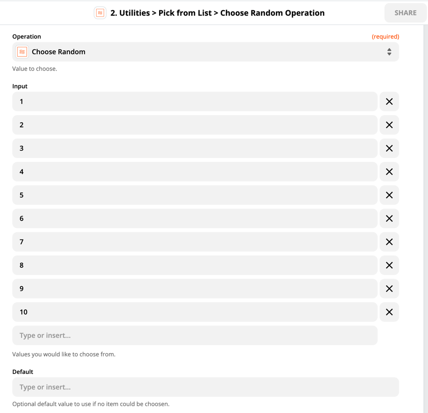 Setting up the step that will choose a random number using the pick from list function.