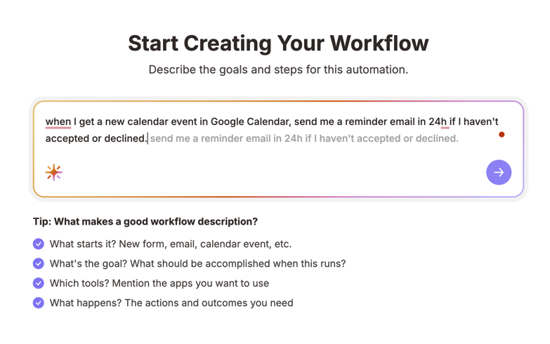 Screenshot of the builder interface with a text prompt area where users can describe their workflow in plain language